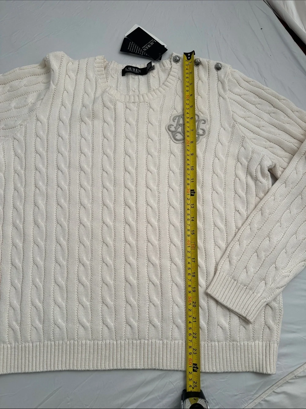 Ralph Lauren Winter Cream cable knit crew neck sweater with appliqué & buttons